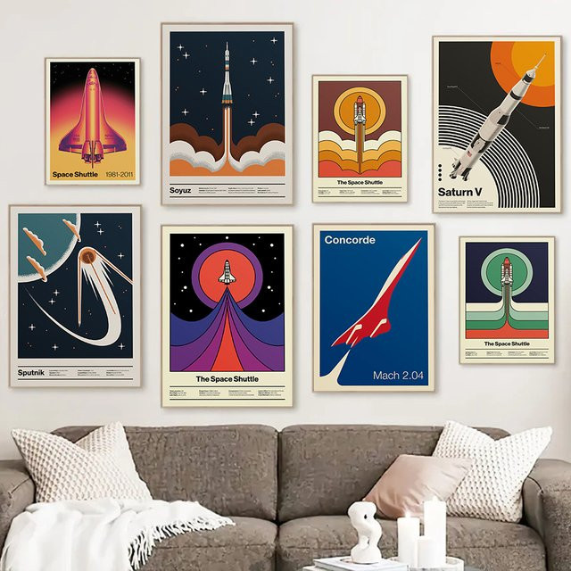 Potdemiel Retro Wandkunst Leinwanddruck mit abstraktem Space Shuttle Sputnik Motiv in Mehrfarbig - Bild 1
