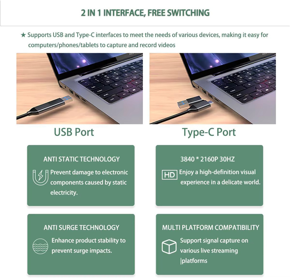 LccKaa 2-in-1 HDMI zu USB-C und USB-A Video Capture Card für 4K Video- und Audioaufnahme, kompatibel mit OBS Studio und Windows - Bild 3
