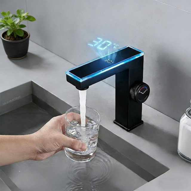 WJNMONE Badezimmer-Wasserhahn mit LED-Temperaturanzeige, intelligenter Waschbecken-Mischer für Heiß- und Kaltwasser, Einloch-Armatur, Matt Schwarz - Bild 1