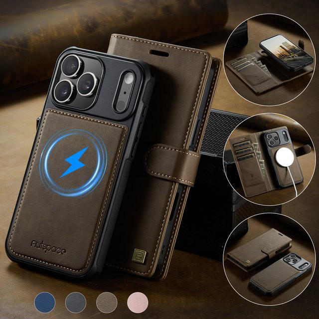 HKNR 2-in-1 Leder-Handyhülle mit abnehmbarer Geldbörse und Buchständer, magnetische MagSafe Kartenhülle für iPhone 17 Air 16 15 14 Plus 13 12 Pro Max, Schwarz und Braun - Bild 1