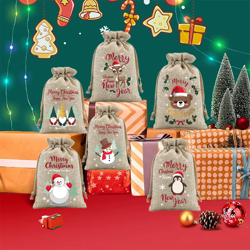 6 Stück Weihnachts-Geschenktüten aus Jute in Beige mit Kordelzug als wiederverwendbare Geschenkverpackung für Kekse und Süßigkeiten - Bild 2
