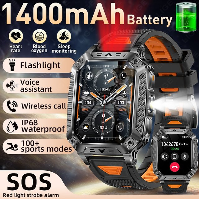 LIGE 2026 Outdoor Militär-Smartwatch für Männer in Schwarz-Orange mit 1400mAh Akku, 5ATM wasserdicht, LED-Taschenlampe, SOS-Rotlicht und Anruffunktion - Bild 1
