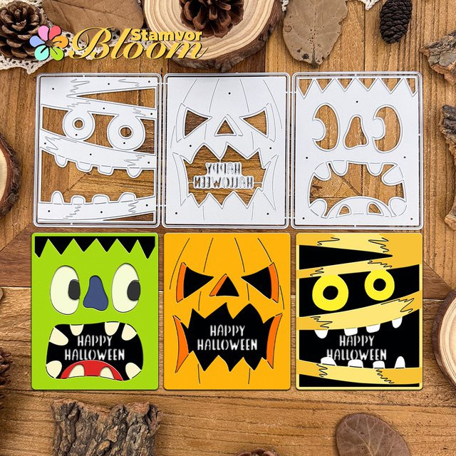Metall Stanzform für Scrapbooking mit Halloween Motiv Mumie Zombie und Kürbis in Silber - Bild 1