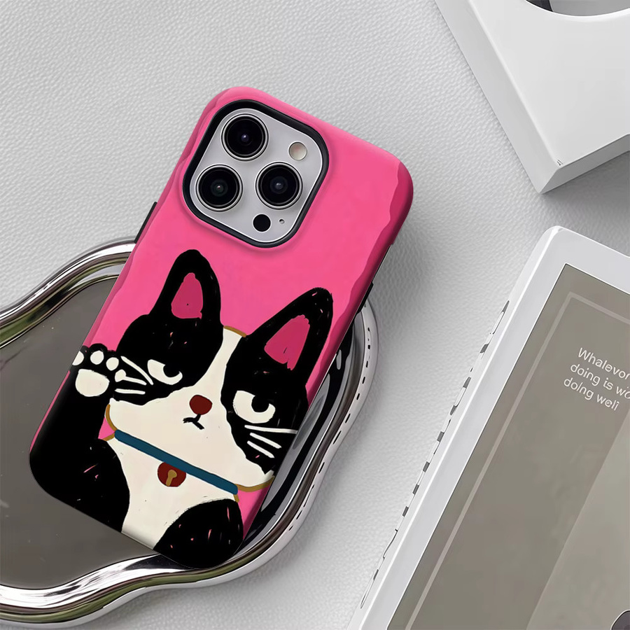 Handyhülle Glückliche Smoking-Katze für Apple iPhone 12 bis iPhone 18 Pro Max Plus in Pink mit doppelschichtiger Rückabdeckung - Bild 5
