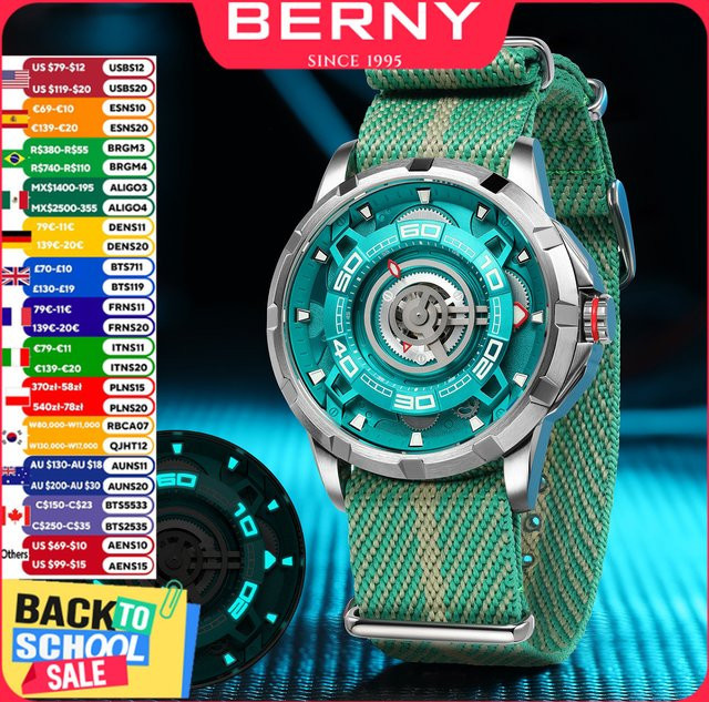 BERNY Herren-Skelettuhr, Automatik, Edelstahl, 5 ATM, Silber - Bild 1