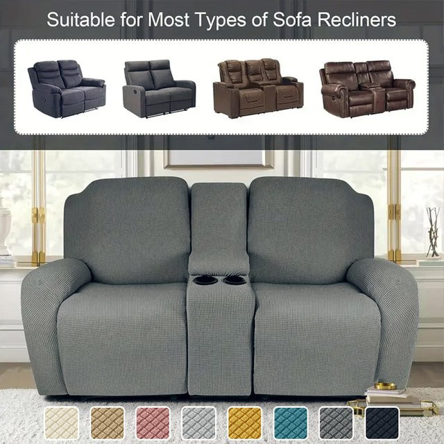 WANERQU 2-Sitzer Relaxsessel-Bezüge mit Konsolenabdeckung, elastischer Loveseat-Schonbezug für Relaxsessel in Blau und Grau - Bild 1