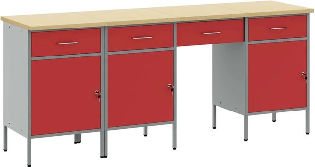 vidaXL Werkbank 4-teilig aus Holz und Stahl in Rot mit Pegboard, B/T/H: 200 x 55 x 85 cm - Bild 1