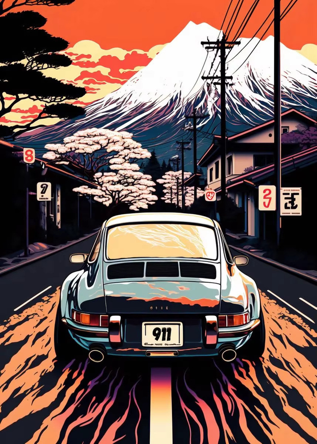 FajerminArt Retro Wandkunst Leinwandbild GTR Luxusauto mit Japanischer Landschaft im 80er Jahre Stil, Mehrfarbig - Bild 2