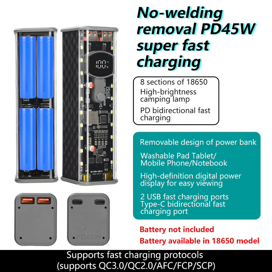 Voktta DIY Power Bank Gehäuse für 18650 Akkus mit Digital Display und USB Typ-C, Transparent Gelb, 45 W Schnellladefunktion - Bild 3