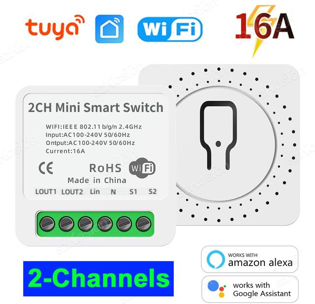 SZKOSTON 2-Kanäle WiFi Smart Switch mit Tuya und Smart Life App, 16A DIY Breaker Relais Lichtschalter in Weiß, kompatibel mit Alexa und Google Assistant - Bild 1