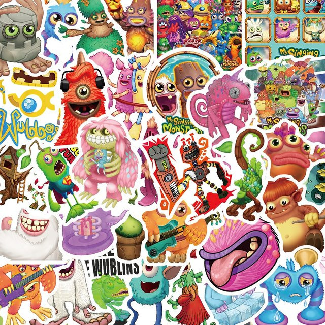 50 Stück My Singing Monster wasserfeste Graffiti-Aufkleber in Gold und Multicolour für Notizbücher und Federmäppchen - Bild 1