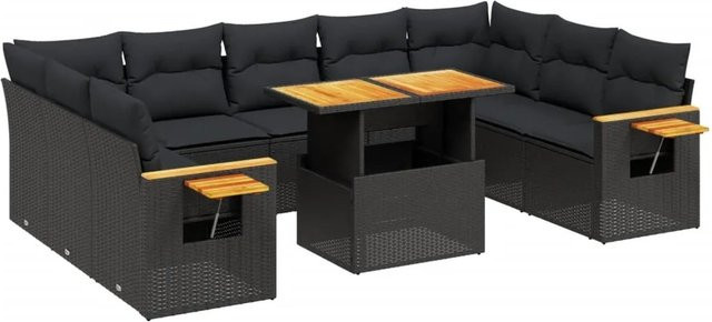 vidaXL 11-teilige Garten-Sofagarnitur in U-Form aus Poly-Rattan und Akazienholz mit Kissen in Schwarz - Bild 1