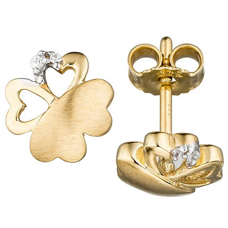 Colfem Ohrstecker Kleeblatt, 333 Gelbgold, mattiert, 4 Zirkonia - Bild 1