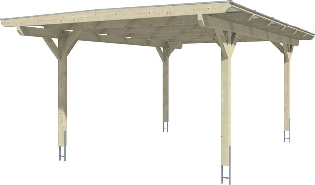 Skan Holz Carport Odenwald aus Fichte in Nussbaum Braun mit Doppelstegplatten und flacher Dachform, B: 428 cm, T: 648 cm, H: 238 cm - Bild 1