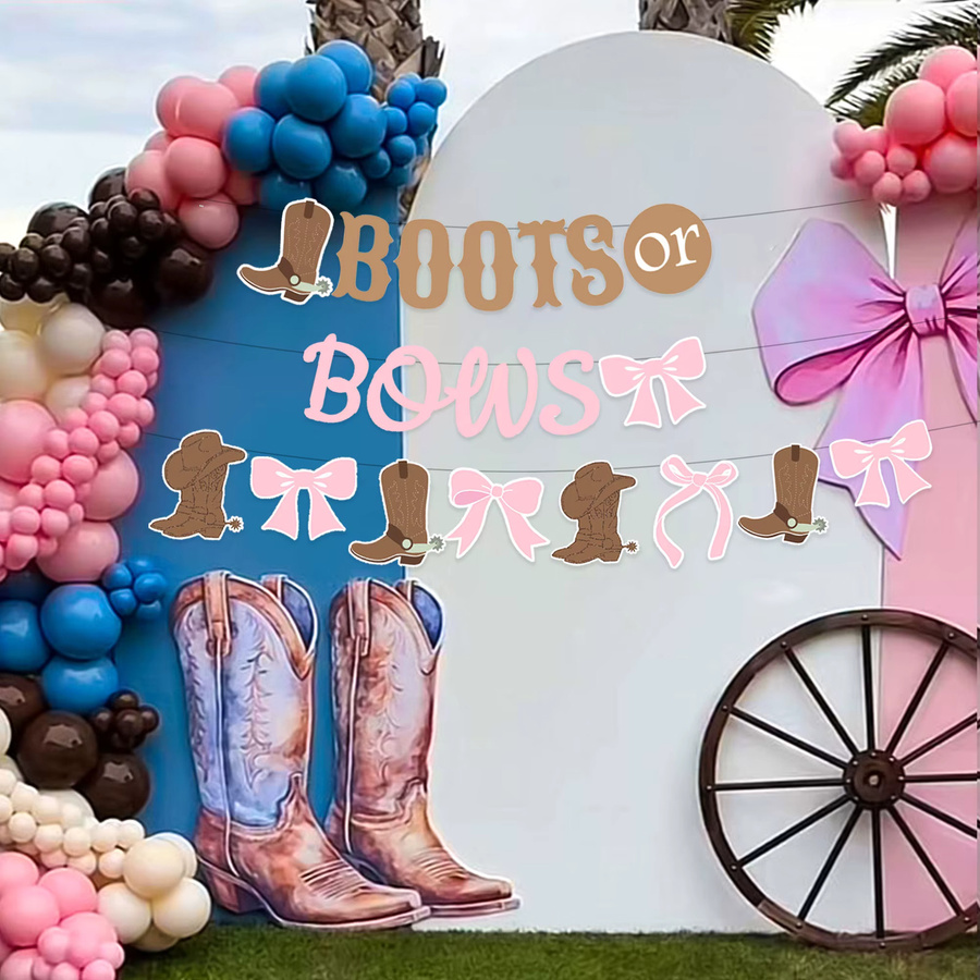 LaVenty Gender Reveal Banner mit Stiefel- und Schleifen-Motiv in Pink und Multicolour für deine Cowgirl Partydekoration - Bild 4