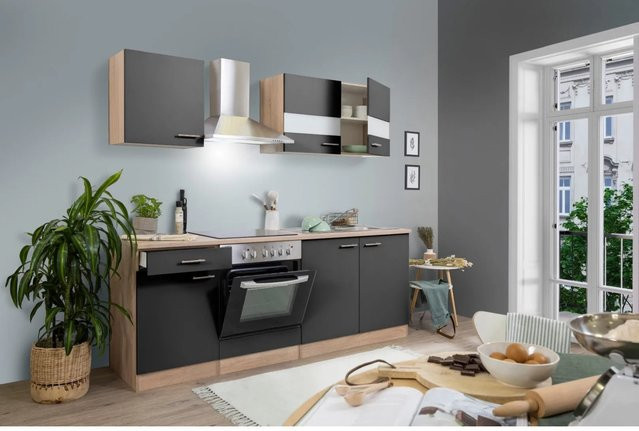 Respekta Küchenzeile KB210ESGC in Grau-Eiche Sägerau Nachbildung, Breite: 210 cm, Tiefe: 55 cm, Höhe: 82 cm - Bild 1