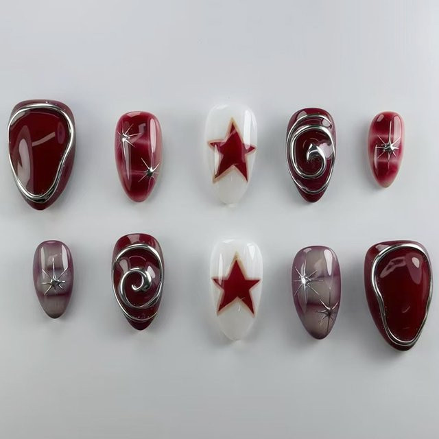 YADORNOS Künstliche Nägel J10, Mandelform, Rot mit Stern-Aufdruck, Glänzend, Damen - Bild 1