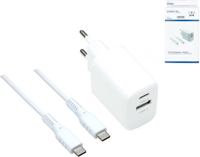 DINIC Ladegerät mit USB-A und USB-C sowie 1,5 m USB-C-Kabel, 20 W, Weiß - Bild 1