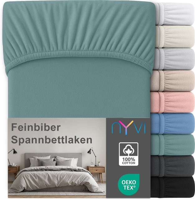 NYVI Feinbiber Spannbettlaken Deluxe aus 100% Baumwolle, Extra Warm & Weich, Bügelfrei, Farbe: Lindgrün, B/T: 90 x 200 cm - Bild 1