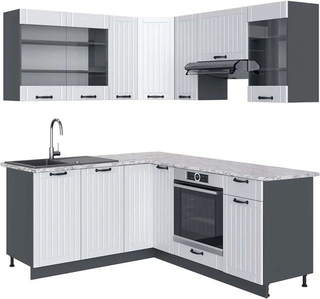Vicco Fame-Line Eckküche im Landhausstil in Weiß und Anthrazit mit Marmor-Optik, B/T/H: 160 x 190 cm - Bild 1