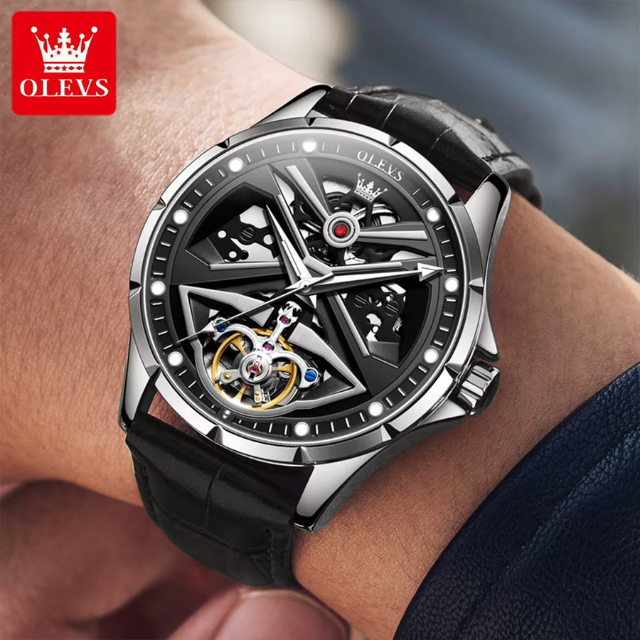 OLEVS Armbanduhr Automatik, Edelstahl, Leder, Schwarz, Herren - Bild 3
