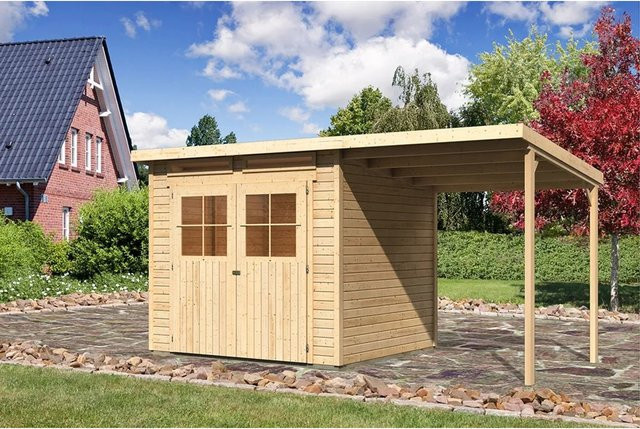 Karibu Holz-Gartenhaus Genf 4 aus Fichtenholz in Natur mit Anbaudach, Verglasung und Doppeltür, B/T/H: 426 x 213 x 220 cm - Bild 1