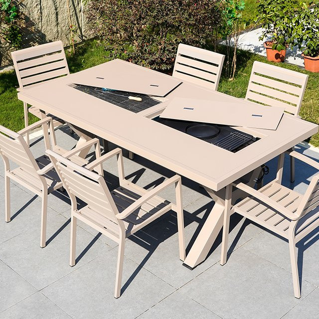 Beiger Outdoor-Grilltisch aus Aluminiumguss für Garten und Terrasse mit Grillfunktion für Holzkohle oder Elektro sowie Hot Pot und Teetisch-Option - Bild 1