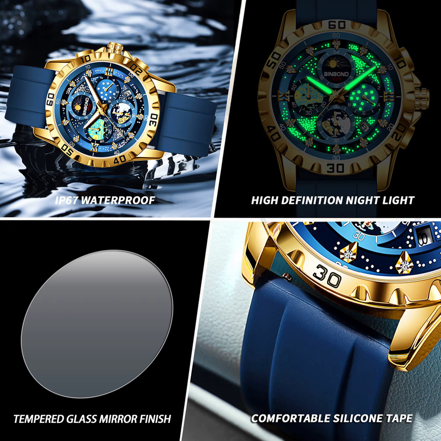BINBOND Chronograph, Quarz, Blau, Gold, Silikon, Herren - Bild 6