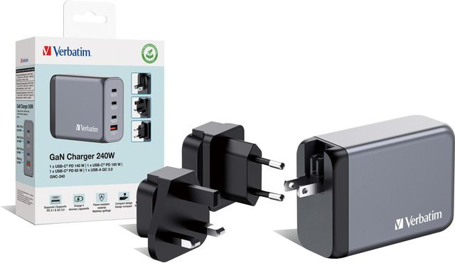 Verbatim GNC-240 Universal GaN-Ladegerät 240W mit 1x USB-A und 3x USB-C in Schwarz/Grau - Bild 1