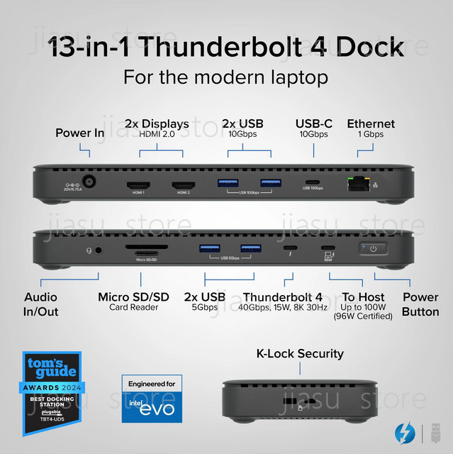Plugable TBT4-UD5 Thunderbolt 4 Dockingstation in Schwarz, gebraucht, mit 100W PD-Ladestation und Dual-Monitor-Unterstützung für 8K und 4K, kompatibel mit Mac und Windows - Bild 1
