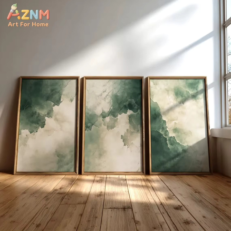 AZNM Leinwanddruck Sage Green Aquarell-Abstrakt mit Wolken-Motiv, minimalistische Boho-Wandkunst für dein Wohnzimmer - Bild 3