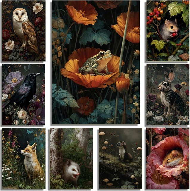 Potdemiel Kunstposter Dunkler Wald mit Blumen und Wildtieren als Leinwanddruck im klassischen Stil, Mehrfarbig - Bild 1