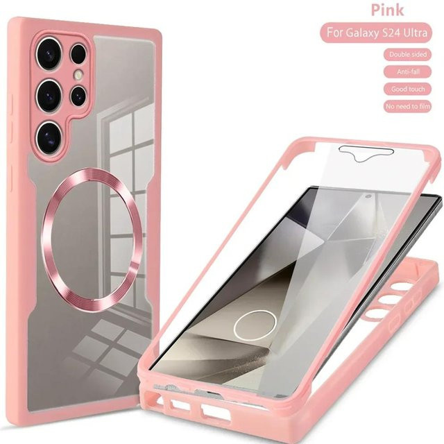 Stoßfeste 360° Schutzhülle für Samsung Galaxy S25 S24 S23 S22 S21 Ultra Plus FE mit kabellosem Laden, Transparent Rosa - Bild 1