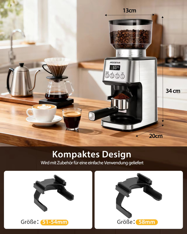 Aigostar Elektrische Kaffeemühle mit Kegelmahlwerk aus Edelstahl in Silber mit 52 Mahleinstellungen und Digitaldisplay für Espresso, Filterkaffee und Siebträger - Bild 5