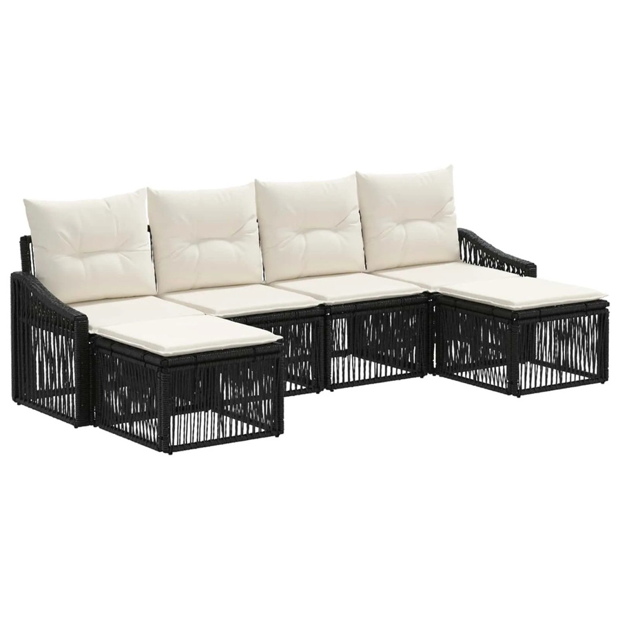 vidaXL Gartensofa-Set 6-teilig aus Poly-Rattan in Schwarz mit Polstern und Ottoman für Terrasse und Garten - Bild 2