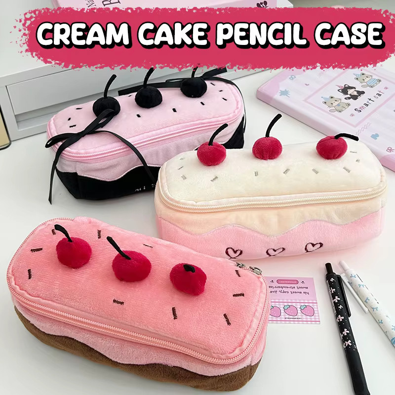 Plüsch-Federmäppchen mit Kirschkuchen-Motiv in Weiß und Pink für deinen Schulbedarf - Bild 2
