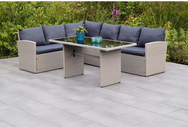 Merxx Lanzarote Eck-Set mit Eckbank und Gartentisch in Schwarz und Grau aus Stahl und Kunststoffgeflecht - Bild 1
