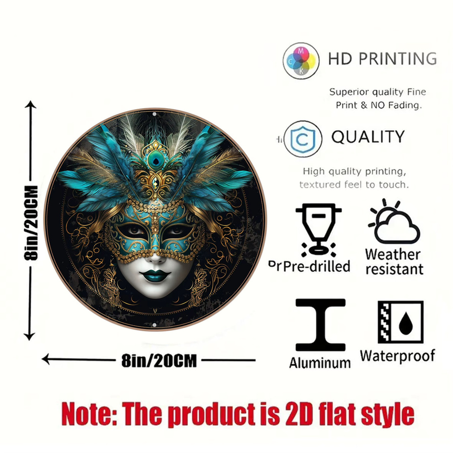 Rundes Aluminiumschild Potdemiel mit Mardi Gras Masken-Motiv im Vintage-Stil, Wandkunst aus Metall, Durchmesser: 20 cm, Mehrfarbig - Bild 2