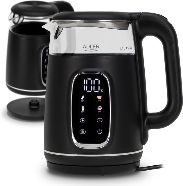 Adler Wasserkocher aus Glas in Schwarz mit 1,7 l Volumen, 220 W Leistung, Touch-Display und Temperaturwartungsfunktion - Bild 1