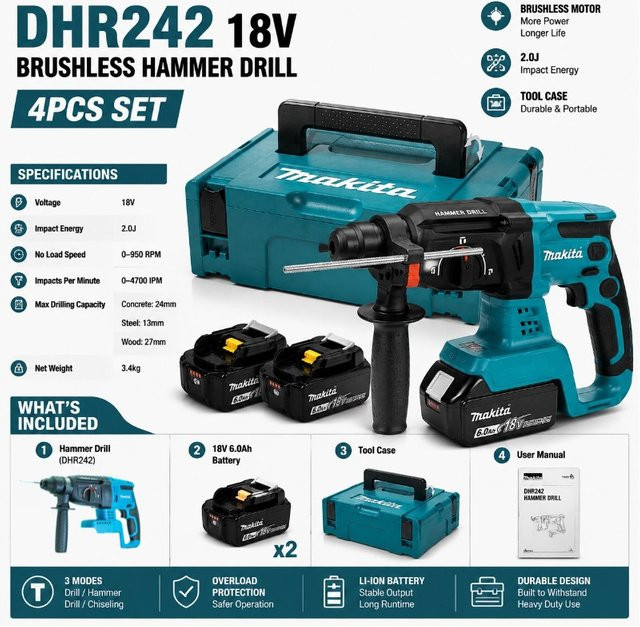 Makita DHR242 Bürstenloser Akku-Bohrhammer 18V mit 3 Modi und 4700 IPM für Beton - Bild 1