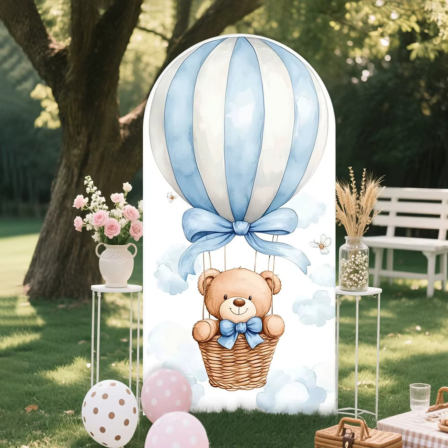 VIKAMA Hintergrunddekoration mit Bär, Ballon und Himmel für Geburtstage oder Babytaufen aus Stoff, Breite: 150 cm, Höhe: 65 cm - Bild 2