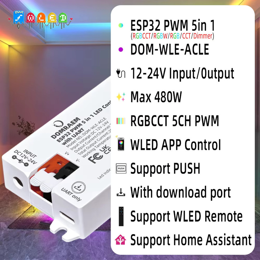 DOMRAEM ESP32 PWM 5-in-1 WLED-Controller mit UART für RGB, RGBWCCT LED-Streifen, kompatibel mit Amazon Alexa und Google Assistant - Bild 2
