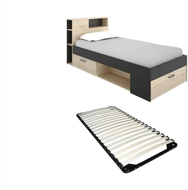 Vente-unique Bettrahmen Leandre aus Massivholz in Anthrazitgrau und Naturfarben Hell mit Schubladen, Breite: 90 cm, Höhe: 218,5 cm - Bild 1