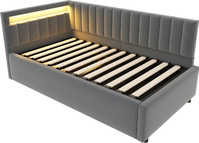 Merax Schlafsofa aus Samt in Grau mit LED-Unterbettbeleuchtung und Hydraulik-Lift-Funktion B/T/H: 90 x 200 x 120 cm - Bild 1