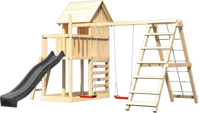 Karibu Spielhaus Frieda aus Massivholz in Natur-Anthrazit mit Rutsche, Schaukel, Gerüst und Kletterwand - Bild 1