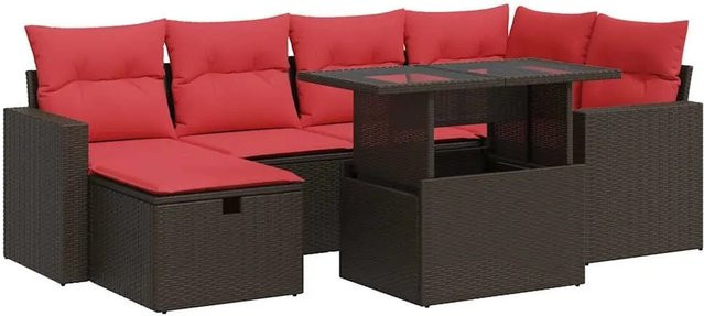 vidaXL 7-tlg. Garten-Sofagarnitur in L-Form aus braunem Poly-Rattan mit Kissen und pulverbeschichtetem Stahlgestell - Bild 1