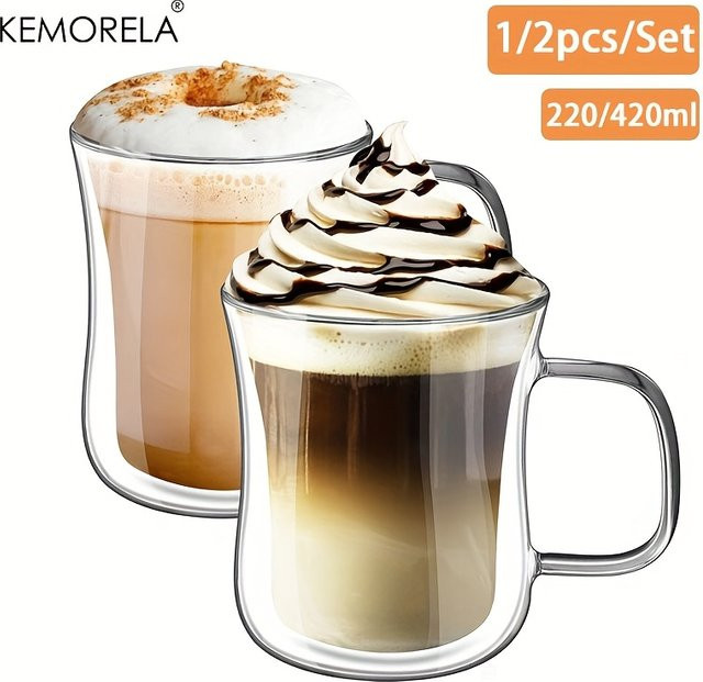 KEMORELA Cappuccino Doppelwandglas aus Borosilikatglas mit Griff, transparent, 220 ml oder 420 ml - Bild 1
