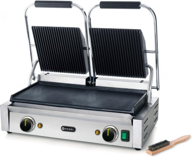Hendi Kontaktgrill 263808 mit geriffelter Oberplatte und glatter Unterplatte in Silber - Bild 1