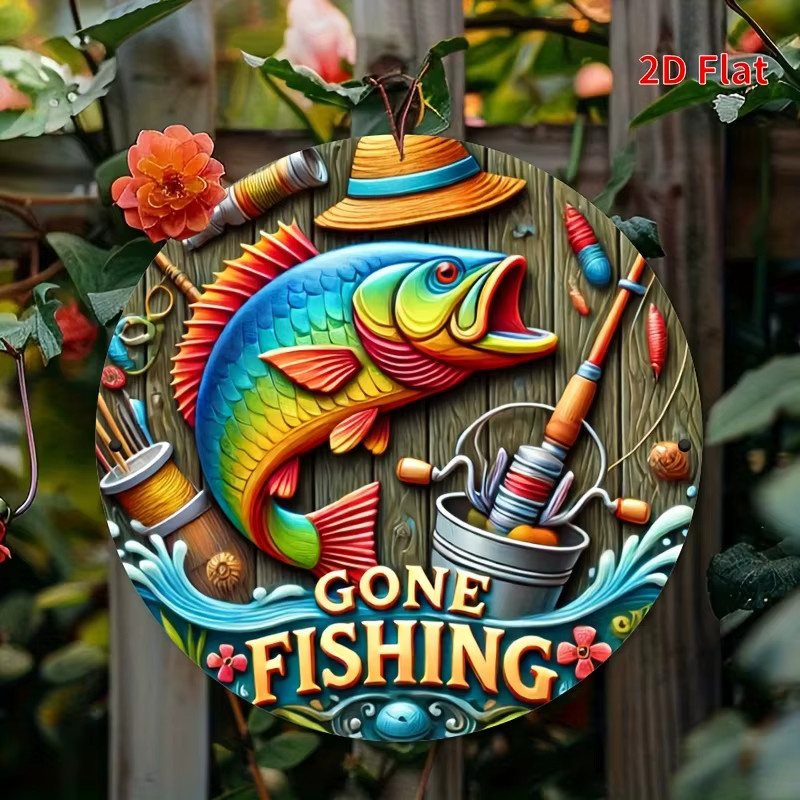 Potdemiel Rundes Metallschild Gone Fishing mit buntem Fisch- und Angelausrüstung Design, Durchmesser: 20 cm, Mehrfarbig - Bild 5