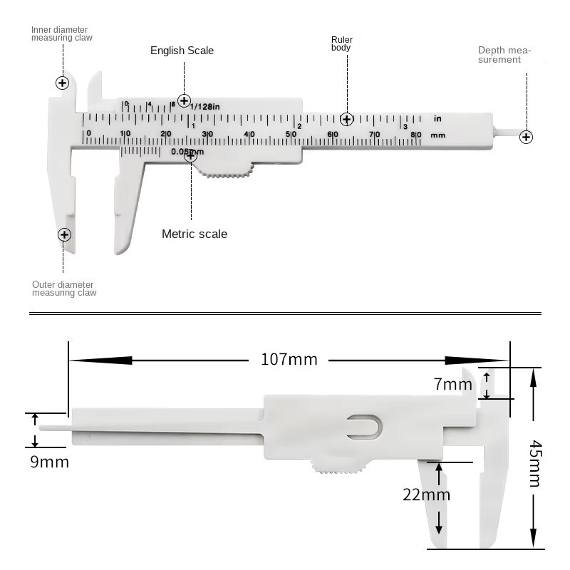 Tragbarer Mini Kunststoff Schiebe-Messschieber mit Doppel-Skala 0-80mm in Weiß - Bild 3